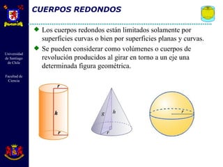 CUERPOS REDONDOS Los cuerpos redondos están limitados solamente por superficies curvas o bien por superficies planas y curvas. Se pueden considerar como volúmenes o cuerpos de revolución producidos al girar en torno a un eje una determinada figura geométrica. 