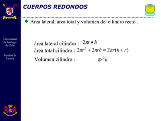 CUERPOS REDONDOS Área lateral, área total y volumen del cilindro recto . área lateral cilindro :  área total cilindro :  Volumen cilindro :  