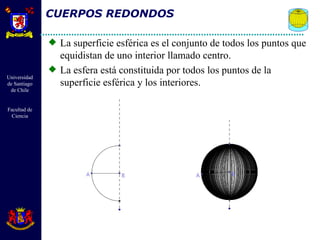 CUERPOS REDONDOS La superficie esférica es el conjunto de todos los puntos que equidistan de uno interior llamado centro. La esfera está constituida por todos los puntos de la superficie esférica y los interiores. 