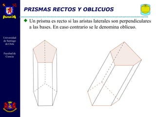 PRISMAS RECTOS Y OBLICUOS  Un prisma es recto si las aristas laterales son perpendiculares a las bases. En caso contrario se le denomina oblicuo. 
