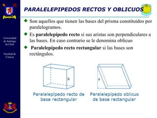 PARALELEPIPEDOS RECTOS Y OBLICUOS  Son aquellos que tienen las bases del prisma constituidos por paralelogramos. Es  paralelepípedo recto  si sus aristas son perpendiculares a las bases. En caso contrario se le denomina oblicuo Paralelepípedo recto rectangular  si las bases son rectángulos. 