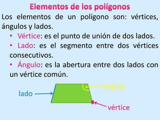 Esfera: es un cuerpo redondo sin bases.Los polígonosLos polígonos son superficies planas con los bordes rectos; es decir, es el espacio contenido en una línea poligonal cerrada.Los polígonos se clasifican por su número de lados:Triángulo: polígono de tres lados.