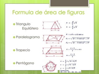 Formula de área de figuras Triangulo 	EquiláteroParalelogramoTrapecio Pentágono 