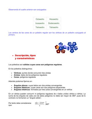Observando el cuadro anterior son conjugados:




                                 Octaedro           Hexaedro

                                 Icosaedro      Dodecaedro

                                 Tetraedro          Tetraedro

Los centros de las caras de un poliedro regular son los vértices de un poliedro conjugado al
primero.




Los poliedros son sólidos cuyas caras son polígonos regulares.

En los poliedros distinguimos:

   •   Vértices: puntos donde concurren tres aristas
   •   Aristas: lados de los polígonos regulares
   •   Caras: polígonos regulares

Además podemos fijarnos en:

   •   Ángulos planos: cuyos lados son dos aristas convergentes
   •   Ángulos diédricos: cuyas caras son dos polígonos adyacentes
   •   Ángulos triédricos: formados por tres caras convergentes en un vértice

En un vértice pueden concurrir m polígonos regulares de n lados unidos vértice a vértice. La
suma de los ángulos de cada uno de estos polígonos no debe ser mayor de 360º, pues de lo
contrario no formarían un “ángulo sólido”.

                                             <
Por tanto debe considerarse
                                             360º
que:
 