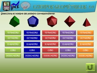 Selecciona el nombre del poliedro correspondiente:




     TETRAEDRO         TETRAEDRO        TETRAEDRO    TETRAEDRO    TETRAEDRO


      OCTAEDRO         OCTAEDRO         OCTAEDRO      OCTAEDRO     OCTAEDRO


     ICASAEDRO         ICASAEDRO        ICASAEDRO    ICASAEDRO    ICASAEDRO


        CUBO              CUBO             CUBO         CUBO         CUBO


    DODECAEDRO        DODECAEDRO       DODECAEDRO    DODECAEDRO   DODECAEDRO
 