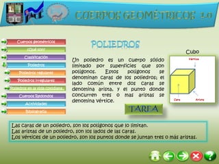 Cuerpos geométricos

         ¿Qué son?
                                                                           Cubo
        Clasificación
                                 Un poliedro es un cuerpo sólido
          Poliedros              limitado por superficies que son
     Poliedros regulares         polígonos.   Estos   polígonos    se
                                 denominan caras de los poliedros; el
    Poliedros irregulares
                                 lado común entre dos caras se
Poliedros en la vida cotidiana   denomina arista, y el punto donde
     Cuerpos Redondos            concurren tres o mas aristas se
                                 denomina vértice.
        Actividades

         Bibliografía


 Las caras de un poliedro, son los polígonos que lo limitan.
 Las aristas de un poliedro, son los lados de las caras.
 Los vértices de un poliedro, son los puntos donde se juntan tres o más aristas.
 