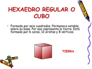 HEXAEDRO REGULAR O
CUBO
• Formado por seis cuadrados. Permanece estable
sobre su base. Por eso representa la tierra. Está
formado por 6 caras, 12 aristas y 8 vértices.
TIERRA
 