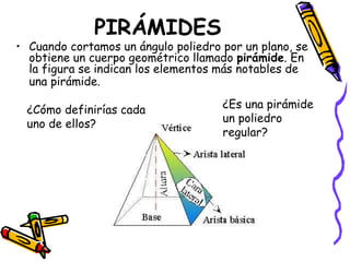 PIRÁMIDES
• Cuando cortamos un ángulo poliedro por un plano, se
obtiene un cuerpo geométrico llamado pirámide. En
la figura se indican los elementos más notables de
una pirámide.
¿Cómo definirías cada
uno de ellos?
¿Es una pirámide
un poliedro
regular?
 