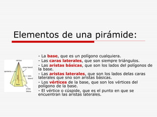 Elementos de una pirámide:
- La base, que es un polígono cualquiera.
- Las caras laterales, que son siempre triángulos.
- Las aristas básicas, que son los lados del polígonos de
la base.
- Las aristas laterales, que son los lados delas caras
laterales que sno son aristas básicas.
- Los vértices de la base, que son los vértices del
polígono de la base.
- El vértice o cúspide, que es el punto en que se
encuentran las aristas laterales.
 