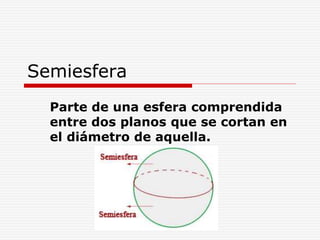 Semiesfera
Parte de una esfera comprendida
entre dos planos que se cortan en
el diámetro de aquella.
 