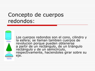 Concepto de cono:Es el cuerpo de revolución obtenido al hacer girar un triángulo rectángulo alrededor de uno de sus catetos.