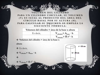 V O L U M E N D E L C I L I N D R O
PA R A U N C I L I N D R O C I R C U L A R , S U V O L U M E N
( V ) E S I G UA L A L P R O D U C T O D E L Á R E A D E L
C Í R C U L O B A S A L P O R S U A L T U R A ( H ) .
PA R A C A L C U L A R S U V O L U M E N S E E M P L E A L A
S I G U I E N T E F Ó R M U L A :
 Volumen del cilindro = área de la base x
altura
 Es decir,
 Vcilindro= Abase · h

 Vcilindro= Π r2
· h
Volumen del cilindro = área de la base x altura
Es decir, Vcilindro= Abase · h
Vcilindro= Π r2 · h
 