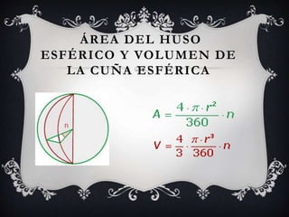 ÁREA DEL HUSO
ESFÉRICO Y VOLUMEN DE
LA CUÑA ESFÉRICA
 
