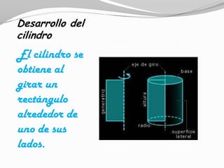 Desarrollo del
cilindro
El cilindro se
obtiene al
girar un
rectángulo
alrededor de
uno de sus
lados.
 
