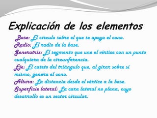 Explicación de los elementos
  Base: El círculo sobre el que se apoya el cono.
 Radio: El radio de la base.
 Generatríz: El segmento que une el vértice con un punto
 cualquiera de la circunferencia.
 Eje: El cateto del triángulo que, al girar sobre sí
 mismo, genera el cono.
 Altura: La distancia desde el vértice a la base.
 Superficie lateral: La cara lateral no plana, cuyo
 desarrollo es un sector circular.
 