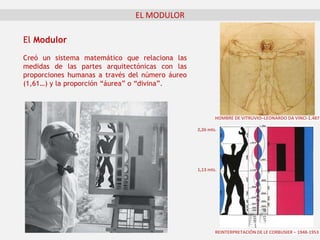 EL MODULOR
El Modulor
Creó un sistema matemático que relaciona las
medidas de las partes arquitectónicas con las
proporciones humanas a través del número áureo
(1,61…) y la proporción “áurea” o “divina”.
HOMBRE DE VITRUVIO–LEONARDO DA VINCI-1.487
REINTERPRETACIÓN DE LE CORBUSIER – 1948-1953
2,26 mts.
1,13 mts.
 