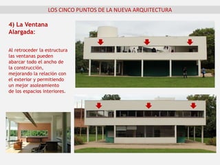 4) La Ventana
Alargada:
Al retroceder la estructura
las ventanas pueden
abarcar todo el ancho de
la construcción,
mejorando la relación con
el exterior y permitiendo
un mejor asoleamiento
de los espacios interiores.
LOS CINCO PUNTOS DE LA NUEVA ARQUITECTURA
 