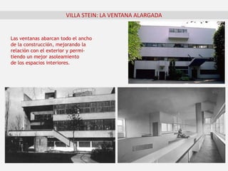 VILLA STEIN: LA VENTANA ALARGADA
Las ventanas abarcan todo el ancho
de la construcción, mejorando la
relación con el exterior y permi-
tiendo un mejor asoleamiento
de los espacios interiores.
 