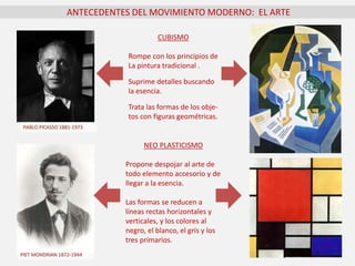ANTECEDENTES DEL MOVIMIENTO MODERNO: EL ARTE
CUBISMO
Rompe con los principios de
La pintura tradicional .
Suprime detalles buscando
la esencia.
Trata las formas de los obje-
tos con figuras geométricas.
NEO PLASTICISMO
Propone despojar al arte de
todo elemento accesorio y de
llegar a la esencia.
Las formas se reducen a
líneas rectas horizontales y
verticales, y los colores al
negro, el blanco, el gris y los
tres primarios.
PABLO PICASSO 1881-1973
PIET MONDRIAN 1872-1944
 