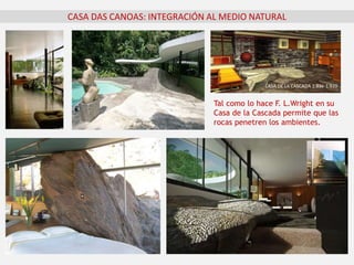 CASA DAS CANOAS: INTEGRACIÓN AL MEDIO NATURAL
Tal como lo hace F. L.Wright en su
Casa de la Cascada permite que las
rocas penetren los ambientes.
CASA DE LA CASCADA 1.936-1.939
 