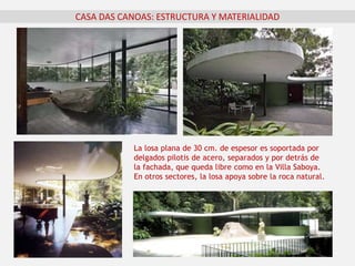 CASA DAS CANOAS: ESTRUCTURA Y MATERIALIDAD
La losa plana de 30 cm. de espesor es soportada por
delgados pilotis de acero, separados y por detrás de
la fachada, que queda libre como en la Villa Saboya.
En otros sectores, la losa apoya sobre la roca natural.
 