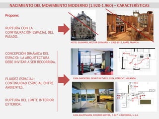 NACIMIENTO DEL MOVIMIENTO MODERNO (1.920-1.960) – CARACTERÍSTICAS
Propone:
RUPTURA CON LA
CONFIGURACIÓN ESPACIAL DEL
PASADO.
CONCEPCIÓN DINÁMICA DEL
ESPACIO: LA ARQUITECTURA
DEBE INVITAR A SER RECORRIDA.
FLUIDEZ ESPACIAL:
CONTINUIDAD ESPACIAL ENTRE
AMBIENTES.
RUPTURA DEL LÍMITE INTERIOR
EXTERIOR.
CASA SHROEDER, GERRIT RIETVELD, 1924, UTRECHT, HOLANDA
HOTEL GUIMARD, HÉCTOR GUIMARD, – 1.909-1912, PARÍS, FRANCIA
CASA KAUFFMANN, RICHARD NOITRA, 1.947, CALIFORNIA, U.S.A.
 