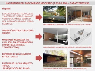 NACIMIENTO DEL MOVIMIENTO MODERNO (1.920-1.960) – CARACTERÍSTICAS
Propone:
EXPLORAR NUEVAS TECNOLOGÍAS
Y MATERIALES (ACERO LAMINADO,
VIDRIO DE GRANDES DIMENSIO-
NES, HORMIGÓN ARMADO, FIBRO-
CEMENTO).
SEPARACIÓN ESTRUCTURA-CERRA-
MIENTOS
MATERIALES MOSTRADOS TAL
CUAL SON, SIN RECUBRIMIENTOS
(HONESTIDAD MATERIAL
Y CONSTRUCTIVA).
EXPRESIÓN DE LOS ELEMENTOS
ESTRUCTURALES
RUPTURA DE LA CAJA ARQUITEC-
TÓNICA.
JERARQUIZACIÓN DEL PLANO.
PABELLÓN ALEMÁN , LUDWIG MIES VAN DER ROHE, 1.929, BARCELONA, ESPAÑA
CASA GOETSCH-WINKLER, FRANK LLOYD WRIGHT, 1.940, MICHIGAN, U.S.A.
CASA FARNSWORTH, LUDWIG MIES VAN DER ROHE, lLLINOSIS, U.S.A. 1.946-1951
 