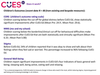 Does it work?
Children’s Outcomes (recent data N = 80 from existing and bespoke measures):
CORS (children’s outcome rating scale)
Children scoring below the cut-off for global distress before CUES-Ed, show statistically
significant improvements after CUES-Ed (Mean Pre: 24.9 ; Mean Post: 29.6).
MMS (me and my school)
Children scoring below the borderline/clinical cut-off for behavioural difficulties make
improvements after CUES-Ed that are both statistically and clinically significant (Mean Pre:
6.33 ; Mean Post 5.00)
Stigma
Before CUES-Ed, 54% of children reported that it was okay to show and talk about their
feelings when they feel sad or worried. This percentage increased to 96% following CUES-
Ed.
General Well-being
Children report significant improvements in CUES-Ed’s four indicators of basic general well-
being; sleeping well, being active, eating well and relaxing.
* As a universal programme, CUES-Ed seeks to measure change in those who need it the most, whilst reducing stigma, improving general
well-being and increasing knowledge in all children.
 
