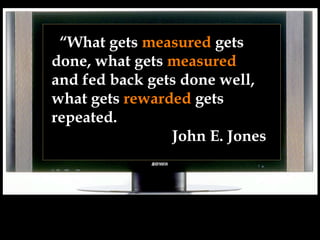 “What gets measured gets
done, what gets measured
and fed back gets done well,
what gets rewarded gets
repeated.
John E. Jones