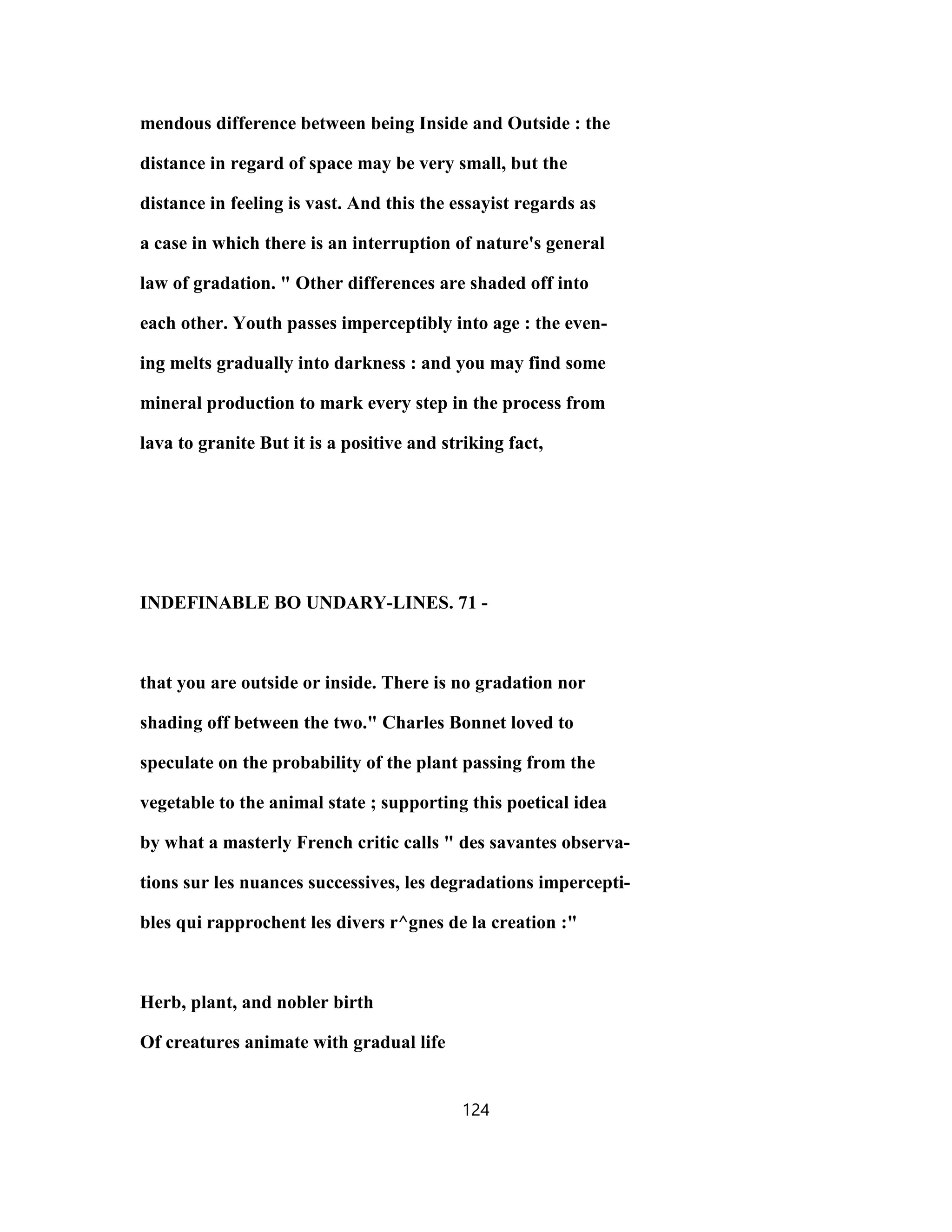 mendous difference between being Inside and Outside : the
distance in regard of space may be very small, but the
distance in feeling is vast. And this the essayist regards as
a case in which there is an interruption of nature's general
law of gradation. " Other differences are shaded off into
each other. Youth passes imperceptibly into age : the even-
ing melts gradually into darkness : and you may find some
mineral production to mark every step in the process from
lava to granite But it is a positive and striking fact,
INDEFINABLE BO UNDARY-LINES. 71 -
that you are outside or inside. There is no gradation nor
shading off between the two." Charles Bonnet loved to
speculate on the probability of the plant passing from the
vegetable to the animal state ; supporting this poetical idea
by what a masterly French critic calls " des savantes observa-
tions sur les nuances successives, les degradations impercepti-
bles qui rapprochent les divers r^gnes de la creation :"
Herb, plant, and nobler birth
Of creatures animate with gradual life
124
 