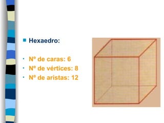 Hexaedro: Nº de caras: 6 Nº de vértices: 8 Nº de aristas: 12 