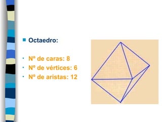 Octaedro: Nº de caras: 8 Nº de vértices: 6 Nº de aristas: 12 