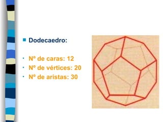 Dodecaedro:  Nº de caras: 12 Nº de vértices: 20 Nº de aristas: 30 