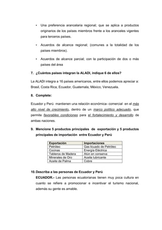 •   Una preferencia arancelaria regional; que se aplica a productos
       originarios de los países miembros frente a los aranceles vigentes
       para terceros países.

   •   Acuerdos de alcance regional; (comunes a la totalidad de los
       países miembros).

   •   Acuerdos de alcance parcial; con la participación de dos o más
       países del área

7. ¿Cuántos países integran la ALADI, indique 6 de ellos?

La ALADI integra a 16 países americanos, entre ellos podemos apreciar a:
Brasil, Costa Rica, Ecuador, Guatemala, México, Venezuela.

8. Complete:

Ecuador y Perú mantienen una relación económica- comercial en el más
alto nivel de crecimiento, dentro de un marco político adecuado, que
permite favorables condiciones para el fortalecimiento y desarrollo de
ambas naciones.

9. Mencione 5 productos principales de exportación y 5 productos
   principales de importación entre Ecuador y Perú

            Exportación             Importaciones
            Petróleo                Gas licuado de Petróleo
            Cocinas                 Energía Eléctrica
            Tableros de Madera      Atún en conserva
            Minerales de Oro        Aceite lubricante
            Aceite de Palma         Cobre


10. Describa a las personas de Ecuador y Perú
   ECUADOR.- Las personas ecuatorianas tienen muy poca cultura en
   cuanto se refiere a promocionar e incentivar el turismo nacional,
   además su gente es amable.
 