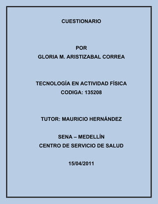 CUESTIONARIO<br />POR<br />GLORIA M. ARISTIZABAL CORREA<br />TECNOLOGÍA EN ACTIVIDAD FÍSICA<br />CODIGA: 135208<br />TUTOR: MAURICIO HERNÁNDEZ<br />SENA – MEDELLÍN<br />CENTRO DE SERVICIO DE SALUD<br />15/04/2011<br />12.  CUALES SON LOS TIPOS DE CITAS<br />Una cita es la presentación del material citado del trabajo de otros autores que se ha tomado para apoyar y sustentar el trabajo elaborado. Se distinguen varios tipos de citas, entre ellas:<br />La directa y la inderecta.la primera son <br />- Cita textual: Cuando se transcribe un texto literalmente.Si la cita tiene menos de 40 palabras, ésta se coloca entre comillas a continuación del párrafo que se está exponiendo.Si la cita tiene 40 o más palabras (cita larga), ésta se escribe en una nueva línea, sin comillas, como una nueva división; escriba todo el párrafo con una sangría de cinco espacios desde el margen izquierdo.<br />Cita contextual: Cuando se resume una parte específica de un documento o del contenido del mismo.<br />- Cita de cita: Cuando se hace referencia a citas mencionadas por otros autores.Las citas se colocan a medida que se van mencionando en el informe y cada vez que se ratifica un dato se debe presentar una nota que reseña la fuente de información. Cuando cite, incluya siempre el autor, el año y la página concreta del texto citado. La cita se puede redactar de tres maneras:<br />13. EN QUE CONSISTE LA CITA DIRECTA<br />Es la transcripción exacta, palabra  exacta, palabra por palabra, de lo que la persona dijo. Se pone siempre entre comillas.<br />Cuando se resume una parte específica de un documento o del contenido del mismo.<br /> <br />14. EN QUE CONSISTE LA CITA INDIRECTA<br />Es la que es fiel al significado de lo que la persona dijo. Pero no a las palabras.<br />La cita se puede redactar de tres maneras:<br />Con énfasis en el autor: apellido del autor, el año entre paréntesis, el texto citado y la página entre paréntesis. <br />- Con énfasis en el contenido del texto: el texto citado y, entre paréntesis, el apellido del autor, el año y la página. - Con énfasis en la fecha de publicación: es una narración que comienza con el año, luego el apellido del autor, el texto citado y la página entre paréntesis.<br />15. QUE SIGNIFICA LA PALABRA IBID Y COMO SE UTILIZA.<br />Ibíd. es una contracción de ibídem, una palabra latina que significa “el lugar mismo.” Este término se utiliza comúnmente para footnoting en textos académicos, lo que permite al autor a decir “ibíd.” en lugar de citando un título largo. En textos legales, las personas pueden utilizar “id”, un acortamiento de “ídem”, una palabra que significa “como se mencionó anteriormente.” Si usted nunca ha sido lectura de un texto y preguntando sobre la identidad de esta persona “ibíd.” que parece obtener cita todo el tiempo, ahora sabe!<br />16. QUE SIGNIFICA LA PALABRA OP CIT Y COMO SE UTILIZA<br />Hace referencia a una quot;
obra citadaquot;
, una nota al pie o referencia anterior, en un texto.Viene del latín Opus Citatum (creo).Para referirse a algo escrito o citado con anterioridad... al final del libro o texto, se coloca la referencia (numérica) y de donde fue sacado originalmente.Suele usarse mucho en investigaciones y citaciones históricas.<br />17. ELABORA UN CUADRO CON LA DIFERENCIA ENTRE TABLA, GRAFICA Y FIGURA<br />TABLAFIGURAGRAFICAUna tabla es la exposición de una serie de datos interrelacionados entre si. Podríamos decir que es la imagen de los datos. Los datos colocados de arriba abajo constituyen las columnas, las series dispuestas en horizontal forman las filas. Figura es todo aquel material de ilustración que incluye gráficas, diagramas, fotografías; o sea, todo aquello que precisa un trabajo diferente a la mera composición tipográfica. Las gráficas son muy expresivas y comunican muy rápidamente situación de evolución o tendencia. Si se desea, en cambio, mostrar el rigor de la colección de datos se estima más pertinente la comunicación explícita de los mismos, la tabla será el medio de elección.<br />18. QUE ES UN ORGANIGRAMA<br />Un organigrama es la representación gráfica de la estructura de una empresa u organización. Representa las estructuras departamentales y, en algunos casos, las personas que las dirigen, hacen un esquema sobre las relaciones jerárquicas y competenciales de vigor en la organización<br />  19. COMO SE CITA UNA BIBLIOGRAFÍA DE UN LIBRO<br />1. AUTOR. Apellidos en versalitas (mayúsculas), más la inicial del nombre. Los clásicos van citados sólo por el apellido.<br />2. FECHA DE EDICIÓN. Año entre paréntesis.<br />3. TÍTULO DEL LIBRO. En cursiva.<br />4. TOMO, si es el caso. A continuación del título, precedido por una coma, en números romanos. También se puede poner aquí el nombre del traductor, si es el caso, precedido por la abreviatura trad. y también entre comas.<br />5. NÚMERO DE EDICIÓN, si no es la primera. En números árabes, seguidos por la abreviatura ed., entre paréntesis, así: (2ª ed.) o por la abreviatura reimpr. Si se trata de una reimpresión, así: (2ª reimpr.). Además, si es el caso de una obra que forma parte de una colección, debemos indicar aquí dicho dato, así: (col. ..., y el nº dentro de la colección).<br />6. LUGAR de edición. En redonda. Las ciudades se citan por su nombre castellano.<br />7. EDITORIAL. Precedida por dos puntos, en redonda también.<br />8. PÁGINA. Normas:<br />a) si son varias seguidas se cita la primera y la última separadas por un guión, así: 20-37.<br />b) si son varias separadas se citan todas separadas por un punto, así: 20. 24. 189.<br />c) si son varios grupos de páginas se separan dichos grupos por punto y coma, así: 25-37; 45-77.<br />d) si se trata de dos páginas se cita la primera seguida de s., así: 37s.<br />e) si se trata de un pequeño grupo se cita la primera seguida de ss., así: 47ss.<br />f) si la cita está dispersa en un grupo de páginas se cita la primera y la última separadas por un guión y seguidas por la locución latina passim en redonda, así: 37-77 passim.<br />g) en los libros impresos en columnas numeradas se indican los números de estas precedidas de la abreviatura col.<br />h) en las colecciones de estudios se citan las páginas como en los libros.<br />9. NÚMERO DE PÁGINAS totales de la obra, seguida de la letra p.<br /> <br />Lo cierto es que en la actualidad aún conviven dos sistemas de anotación bibliográfica de libros que varían muy poco entre sí. Prácticamente la diferencia más significativa consiste en la distinta posición de la fecha de edición. El sistema que más se está imponiendo es el que sitúa la fecha de publicación inmediatamente después del apellido y nombre del autor (sistema A), imprescindible para la notación americana. El Sistema B mantiene la fecha de publicación después de la editorial. En todo caso, sé fiel al sistema elegido a lo largo de todo el trabajo y unifica los signos de puntuación.<br />20. COMO SE CITA UN BIBLIOGRAFÍA DE UNA REVISTA<br />REVISTA<br />• APELLIDO(S) DEL (DE LOS) AUTOR(ES), INICIAL(ES) DEL NOMBRE DEL (DE LOS) AUTOR(ES), igual que para los libros.<br />• Título del artículo (entre comillas)<br />• Título o nombre de la revista (subrayado),<br />• Volumen y número [abreviado vol. y n.'] (precedido por coma, en arábigos),<br />• Año de publicación (entre paréntesis). El año de la revista es el que figura por fuera en los volúmenes encuadernados,<br />• Numeración de la primera y última página del artículo, separadas por un guión en la misma forma indicada para los libros.<br />Ejemplo:<br />GALLEGO, D. J. «El Medio Telefónico desde una perspectiva pedagógica», Pixel Bit, Revista de Medios y Educación, n. 2 (1994), 19-29.<br /> <br />NOTAS: si es una publicación mensual, bimensual, trimestral o semestral, se puede poner también el mes junto al año, así: (feb., 1993) (nov. -dic., 1995) (ene. -jun., 1995)...<br />No es preciso indicar el lugar (país) donde se publica una revista. Pero si en algún caso es un dato que se considera relevante para el destinatario, se puede indicar entre corchetes a continuación del nombre de la revista.<br />Las revistas suelen tener una numeración de páginas anual, y se encuentran encuadernadas por años.<br />  <br />21. COMO SE CITA UNA BIBLIOGRAFÍA DE UNA ENCICLOPEDIA<br />ECICLOPEDIA<br />Así: TÍTULO DE LA OBRA, número de volúmenes, lugar de edición, Editorial, años de publicación.<br />Ejemplo:<br />ENCICLOPAEDIA UNIVERSALIS, 20 Vols., París: Enciclopedia Universales S. A., 1968-1975.<br />Los artículos (o conceptos) de diccionario y misceláneas se citan en cursiva, seguidos de coma y de la palabra en (redonda) que precede al título de la obra también en cursiva.<br />22. COMO SE CITA UNA BIBLIOGRAFÍA DE PRENSA <br />Cuando se escribe un documento se necesita refiere en el texto los materiales que se consultado y que han sido escrito o producidos por otros de los cuales hemos extraído ideas o hemos citado textualmente. Este procedimiento es llamado cita o referenciar<br />    <br />