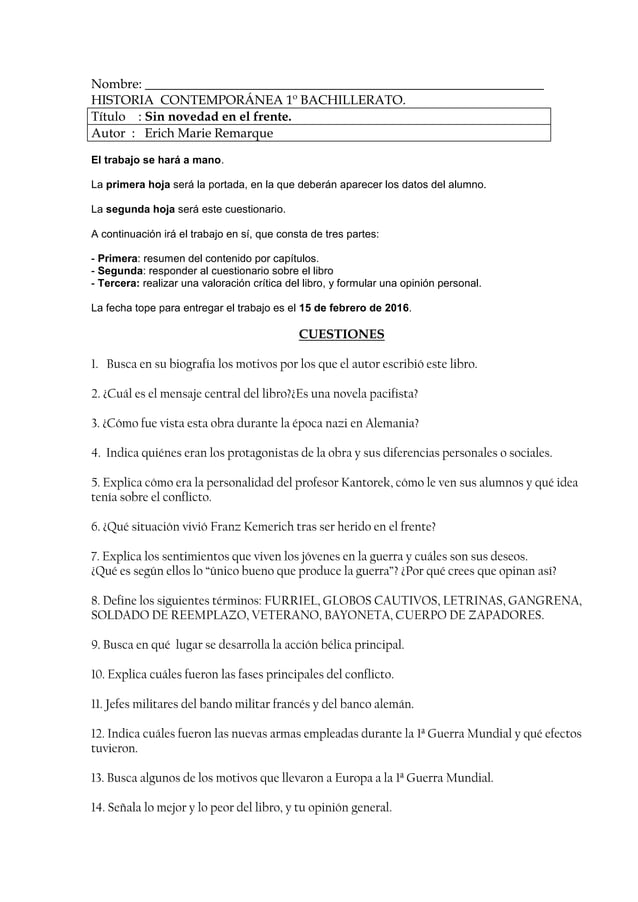 Cuestionario. Sin novedad en el frente Cuestionario. Sin novedad en el frente