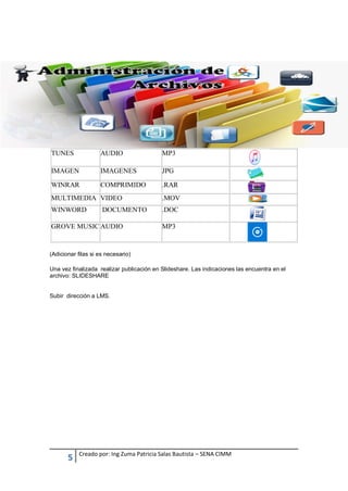 5 Creado por: Ing Zuma Patricia Salas Bautista – SENA CIMM
TUNES AUDIO MP3
IMAGEN IMAGENES JPG
WINRAR COMPRIMIDO .RAR
MULTIMEDIA VIDEO .MOV
WINWORD DOCUMENTO .DOC
GROVE MUSIC AUDIO MP3
(Adicionar filas si es necesario)
Una vez finalizada realizar publicación en Slideshare. Las indicaciones las encuentra en el
archivo: SLIDESHARE
Subir dirección a LMS.
 