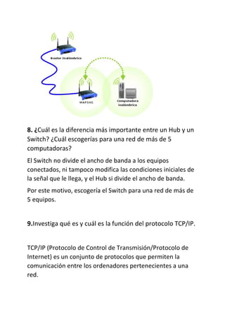 8. ¿Cuál es la diferencia más importante entre un Hub y un
Switch? ¿Cuál escogerías para una red de más de 5
computadoras?
El Switch no divide el ancho de banda a los equipos
conectados, ni tampoco modifica las condiciones iniciales de
la señal que le llega, y el Hub si divide el ancho de banda.
Por este motivo, escogería el Switch para una red de más de
5 equipos.
9.Investiga qué es y cuál es la función del protocolo TCP/IP.
TCP/IP (Protocolo de Control de Transmisión/Protocolo de
Internet) es un conjunto de protocolos que permiten la
comunicación entre los ordenadores pertenecientes a una
red.
 