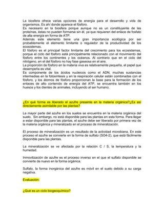 La biosfera ofrece varias opciones de energía para el desarrollo y vida de
organismos. Es ahí donde aparece el fósforo.
Es necesario en la biosfera porque aunque no es un constituyente de las
proteínas, éstas no pueden formarse sin él, ya que requieren del enlace de fosfato
de alta energía en forma de ATP.
Además este elemento tiene una gran importancia ecológica por ser
probablemente el elemento limitante o regulador de la productividad de los
ecosistemas.
El fósforo es el principal factor limitante del crecimiento para los ecosistemas,
porque el ciclo del fósforo está principalmente relacionado con el movimiento del
fósforo entre los continentes y los océanos. Al contrario que en el ciclo del
nitrógeno, en el del fósforo no hay fase gaseosa en el aire.
La proporción de fósforo en la materia viva es relativamente pequeña, el papel que
desempeña es vital.
Es componente de los ácidos nucleicos como el ADN, muchas sustancias
intermedias en la fotosíntesis y en la respiración celular están combinadas con el
fósforo, y los átomos de fósforo proporcionan la base para la formación de los
enlaces de alto contenido de energía del ATP, se encuentra también en los
huesos y los dientes de animales, incluyendo al ser humano.
¿En qué forma es liberado el azufre presente en la materia orgánica?¿Es así
directamente asimilable por las plantas?
La mayor parte del azufre en los suelos se encuentra en la materia orgánica del
suelo. Sin embargo, no está disponible para las plantas en esta forma. Para llegar
a estar disponible para las plantas, el azufre debe ser liberado por primera vez de
la materia orgánica y mineralizado en el proceso de mineralización.
El proceso de mineralización es un resultado de la actividad microbiana. En este
proceso el azufre se convierte en la forma de sulfato (SO4-2), que está fácilmente
disponible para las plantas.
La mineralización se ve afectada por la relación C / S, la temperatura y la
humedad.
Inmovilización de azufre es el proceso inverso en el que el sulfato disponible se
convierte de nuevo en la forma orgánica.
Sulfato, la forma inorgánica del azufre es móvil en el suelo debido a su carga
negativa.
Evaluación:
¿Qué es un ciclo biogeoquímico?
 