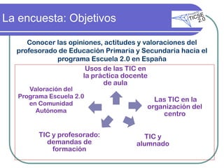 La encuesta: Objetivos

     Conocer las opiniones, actitudes y valoraciones del
  profesorado de Educación Primaria y Secundaria hacia el
             programa Escuela 2.0 en España
                      Usos de las TIC en
                     la práctica docente
                           de aula
      Valoración del
   Programa Escuela 2.0
                                         Las TIC en la
      en Comunidad
                                       organización del
        Autónoma
                                           centro


         TIC y profesorado:           TIC y
           demandas de              alumnado
             formación
 