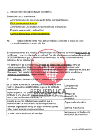 9. Indique cuáles son aprendizajes ciudadanos.
Seleccione una o más de una:
Aprendizajes que se generan a partir de las Ciencias Sociales.
Participa democráticamente.
Aprendizajes de una ciudadanía democrática e intercultural.
Empatía, cooperación y solidaridad.
Convive democrática e interculturalmente.
10.
Según lo leído en las rutas del aprendizaje, complete el siguiente texto
con las alternativas correspondientes:

Si nos remontamos a la historia, la matemática se desarrolló a través de la resolución de
problemas _ que nos planteaba la realidad. Por ello, el enfoque centrado en la resolución
de problemas busca que la matemática sea utilizada de forma continua en la vida
cotidiana de los estudiantes.
Por esta razón, se plantea que el proceso de enseñanza aprendizaje parta de
_situaciones problemáticas con la finalidad de que los estudiantes desarrollen
_competencias_ que les servirán para convertirse en motores del desarrollo del país. En
el caso del Perú esto también implica que la educación matemática se adecúe a
_contexto socio cultural_ del estudiante.
11.

Indique a qué concepto hacen referencia los siguiente enunciados:

Es un saber actuar en un contexto particular, que permite
resolver situaciones problemáticas reales o de contexto
matemático.
Implica expresar una parte de la realidad, un determinado
contexto o una situación problemática, definida en el
mundo real, en términos matemáticos.
Gracias a esto, los estudiantes descubren que la
matemática es un instrumento necesario para la vida.
Permiten organizar el área y en algún momento puede
haber mayor énfasis en alguno de ellos.
La selección de los temas a investigar.

Competencias
matemáticas
Enfoque de
resolución de
problemas
Capacidad matemática
Dominio matemático
Metodología centrada en la
resolución de problemas.

www.profehd.blogspot.com

 