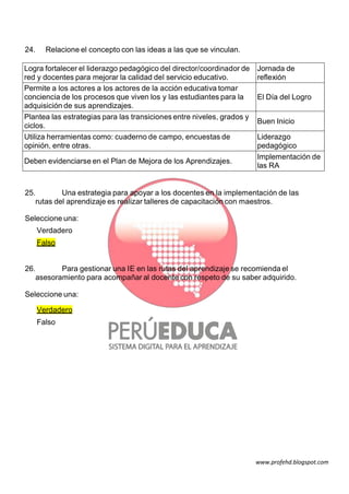 24.

Relacione el concepto con las ideas a las que se vinculan.

Logra fortalecer el liderazgo pedagógico del director/coordinador de
red y docentes para mejorar la calidad del servicio educativo.
Permite a los actores a los actores de la acción educativa tomar
conciencia de los procesos que viven los y las estudiantes para la
adquisición de sus aprendizajes.
Plantea las estrategias para las transiciones entre niveles, grados y
ciclos.
Utiliza herramientas como: cuaderno de campo, encuestas de
opinión, entre otras.
Deben evidenciarse en el Plan de Mejora de los Aprendizajes.

Jornada de
reflexión
El Día del Logro
Buen Inicio
Liderazgo
pedagógico
Implementación de
las RA

25.
Una estrategia para apoyar a los docentes en la implementación de las
rutas del aprendizaje es realizar talleres de capacitación con maestros.
Seleccione una:
Verdadero
Falso
26.
Para gestionar una IE en las rutas del aprendizaje se recomienda el
asesoramiento para acompañar al docente con respeto de su saber adquirido.
Seleccione una:
Verdadero
Falso

www.profehd.blogspot.com

 