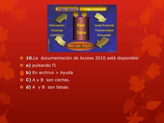  10.La documentación de Access 2010 está disponible:
 a) pulsando f1
 b) En archivo > Ayuda
 C) A y B son ciertas.
 d) A y B son falsas.
 