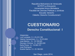 CUESTIONARIO
Derecho Constitucional I
Republica Bolivariana de Venezuela
M.P.P.P La Educación
Universidad Arturo Michelena
Facultad de Ciencias Políticas y Jurídicas
Escuela: Derecho
Cátedra: Derecho Constitucional I
Integrantes:
Luis Landaeta C.I. 23.410.166
Valeria Campechano C.I. 19.919.852
José Medina C.I. 18.108.925
Dismairy Chirinos C.I. 24.993.229
Karla Flores C.I. 19.365.727
José Rodríguez
Scarlet García C.I. 23.188.563
San Diego, Junio 2014.
 