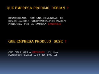 QUE EMPRESA PRODUJO DEBIAN ?

DESARROLLADA POR UNA COMUNIDAD DE
DESRROLLADORES VOLUNTARIOS , PERO TAMBIEN
PRODUCIDA POR LA EMPRESA CANONICAL




QUE EMPRESA PRODUJO SUSE ?

QUE DIO LUGAR A OPEN SUSE , EN UNA
EVOLUCION SIMILAR A LA DE RED HAT
 
