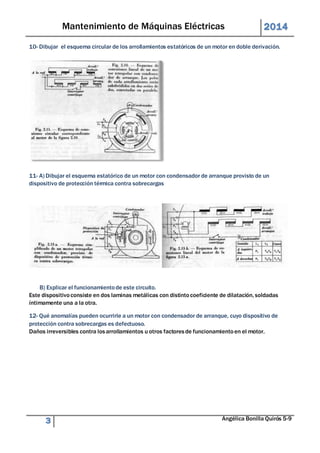 Mantenimiento de Máquinas Eléctricas 2014 
10- Dibujar el esquema circular de los arrollamientos estatóricos de un motor en doble derivación. 
11- A) Dibujar el esquema estatórico de un motor con condensador de arranque provisto de un 
dispositivo de protección térmica contra sobrecargas 
B) Explicar el funcionamiento de este circuito. 
Este dispositivo consiste en dos laminas metálicas con distinto coeficiente de dilatación, soldadas 
íntimamente una a la otra. 
12- Qué anomalías pueden ocurrirle a un motor con condensador de arranque, cuyo dispositivo de 
protección contra sobrecargas es defectuoso. 
Daños irreversibles contra los arrollamientos u otros factores de funcionamiento en el motor. 
3 Angélica Bonilla Quirós 5-9 
 