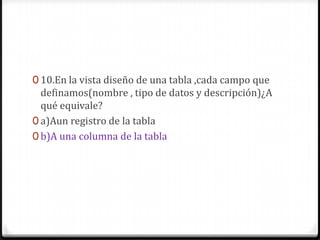 0 10.En la vista diseño de una tabla ,cada campo que
definamos(nombre , tipo de datos y descripción)¿A
qué equivale?
0 a)Aun registro de la tabla
0 b)A una columna de la tabla
 