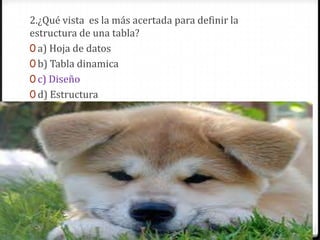 2.¿Qué vista es la más acertada para definir la
estructura de una tabla?
0 a) Hoja de datos
0 b) Tabla dinamica
0 c) Diseño
0 d) Estructura
 