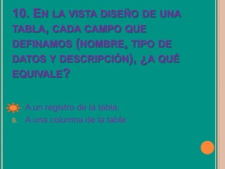 10. EN LA VISTA DISEÑO DE UNA
TABLA, CADA CAMPO QUE
DEFINAMOS (NOMBRE, TIPO DE
DATOS Y DESCRIPCIÓN), ¿A QUÉ
EQUIVALE?
A. A un registro de la tabla.
B. A una columna de la tabla
 