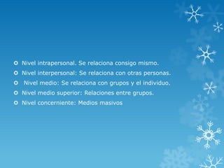  Nivel intrapersonal. Se relaciona consigo mismo.
 Nivel interpersonal: Se relaciona con otras personas.
 Nivel medio: Se relaciona con grupos y el individuo.
 Nivel medio superior: Relaciones entre grupos.
 Nivel concerniente: Medios masivos
 